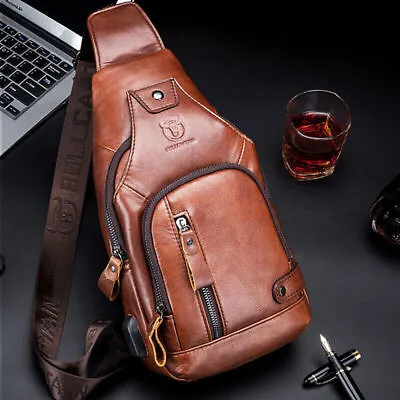 Men's Sling Backpack Genuine Leather Chest Bag Crossbody Bag Shoulder Bag New S • $35.99