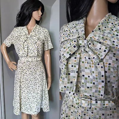 £49.99 • Buy Vintage Horrockses 60s 70s Bow Belted Geo Spot A Line Dress Mod S 10 38