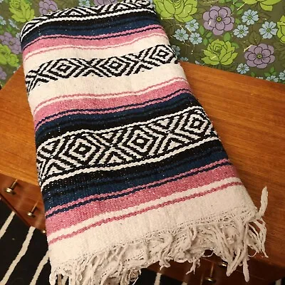 £19.99 • Buy Large Pink Blue Mexican Woven Stripy Falsa Yoga Blanket / Throw