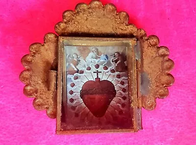 Sacred Heart Holy Trinity  Mexican Rustic Rusty Tin Nicho Wall Folk Art • $18.99