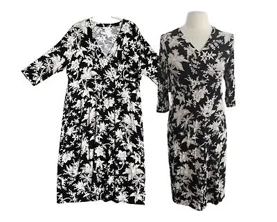 J. Jill Dress Size M - Floral Jersey Knit Faux Wrap Midi Medium Black & Cream • $4