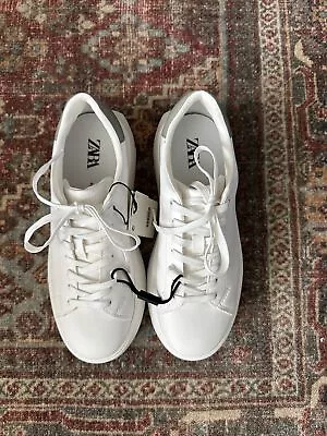 NWT ZARA Women’s White Lace Tie Tennis Shoes Sz:40   US:10 • $28