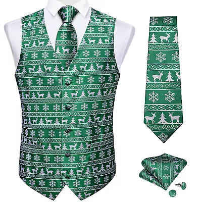 Mens Waistcoat Vest Green Paisley Slim Tuxedo Silk Tie Hanky Cufflink Ring Set • $20.90