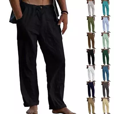 $20.49 • Buy Mens Cotton Linen Drawstring Elasticated Summer Gym Beach Loose Pants Trousers