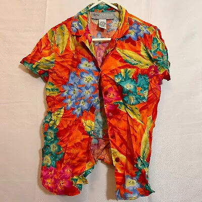 Vintage Blouse Womens Shirt Top Size 10 Orange Blue Hawaiian 50s Cotton Floral • $13.26