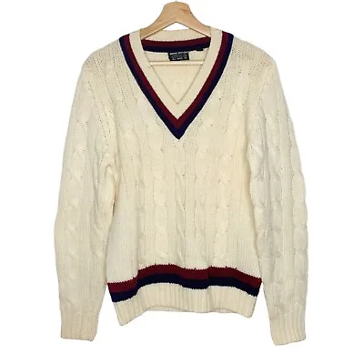 $79.99 • Buy Brooks Brothers Vintage Wool Varsity V-Neck Ivory Sweater Cable Knit Medium
