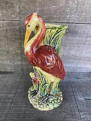 Vintage BEAUTIFUL Majolica Figural HERON CRANE Vase Unmarked 10  Italian Pottery • $43.99