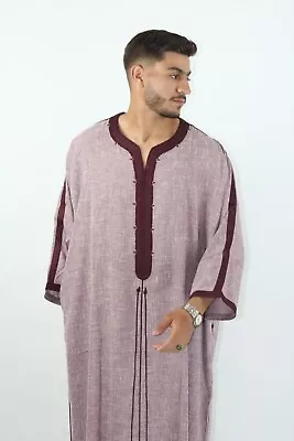 Mens Premium Moroccan Thobe Maroon Robe Jubbah Kaftan Short Sleeves • £34.99