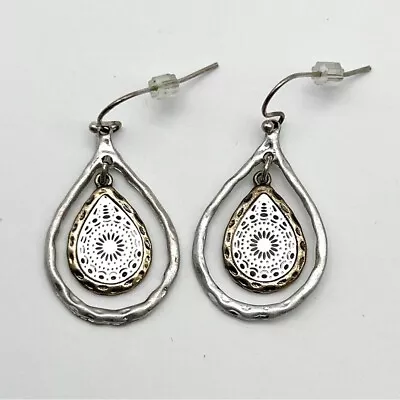 Two Tone Silver Gold Filigree Lattice Teardrop Boho  Dangle Pierced Earrings • $12.50