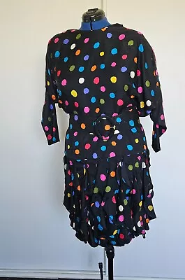 Vtg 80s Gillian Black Multi Colour Polka Dot Silk Ruffle Cocktail Party Dress 14 • $12.50