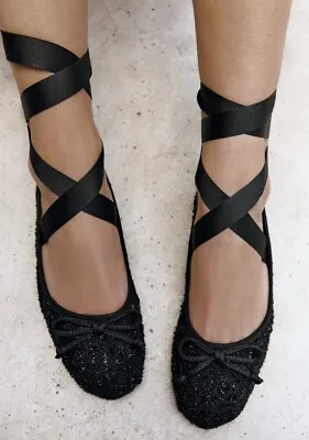 ZARA Black Tweed Ballet Flats With Lace Wrap Around Sz 37 #lx • $39.90