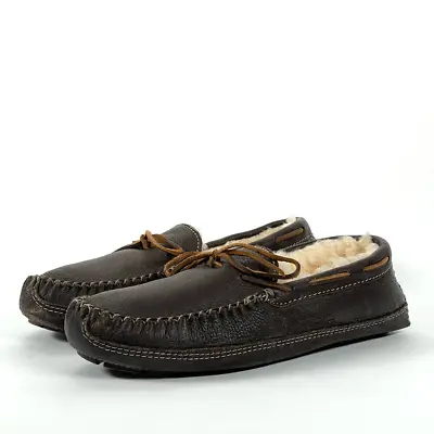 Minnetonka Mens 13 Sheepskin Lined Moose Leather Slippers Chocolate Brown • $45