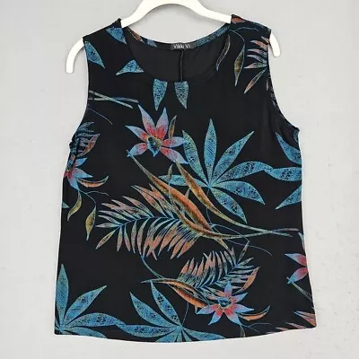 Vintage Vikki Vi Top Womens 0X Black Tropical Floral Jersey Knit Hawaiian 90s • $29.48