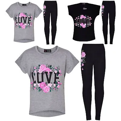 Kids Girls Love Roses Floral Print T Shirt Top & Legging Outfit Set 5-13 Years • £12.99