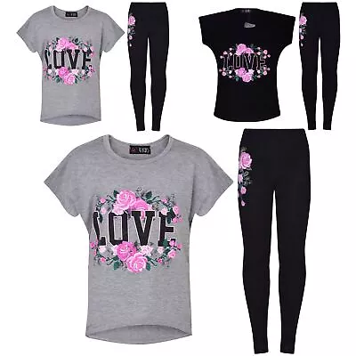 Kids Girls Love Roses Floral Print T Shirt Top & Legging Outfit Set 5-13 Years • £12.99