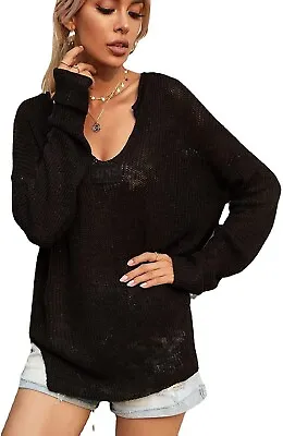 $24.99 • Buy Women's Off Shoulder Knit Sweaters Oversized V Neck Long Sleeve   (Black,Size:M)