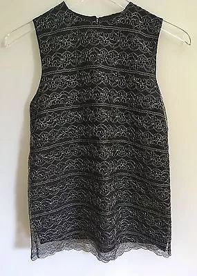 Vintage 90s Zang Toi Sleeveless Shell Black Silk Silver Metallic Lace Overlay XS • $56