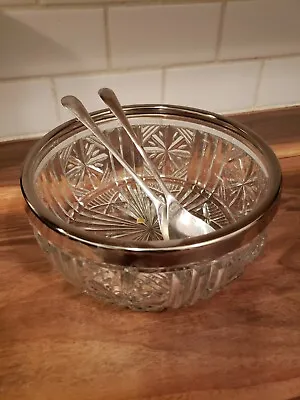 Vintage Heavy Cut Crystal Salad Serving Bowl Set W/Silver Plate Rim-England  • $20