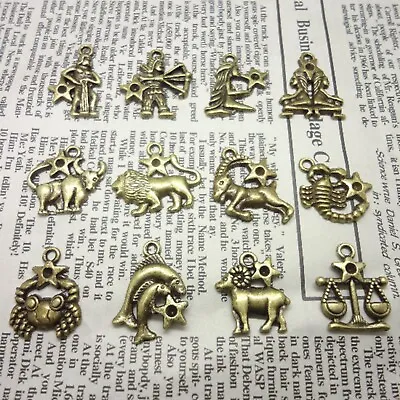 12 Bronze Tone Alloy Zodiac Astrology Horoscopes Set Charm Pendants DIY Bracelet • £3.06