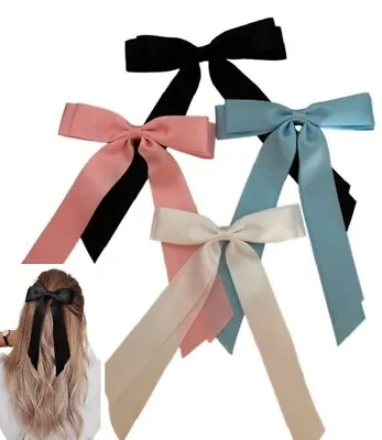 Satin Ribbon Hair Bow Clip With Tails Pink White Black Blue  UK🇬🇧 • £2.45