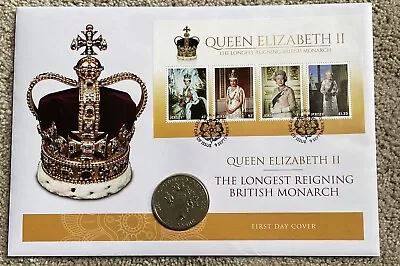 2015 £5 Coin In FDC. 4 Stamps. Jersey. QEII Longest Monarch COA • £5