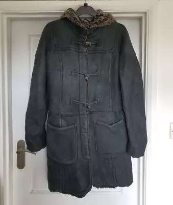 Women`s SHEEPSKIN SHEARLING DUFFLE COAT Size UK 8 (US 4) Vintage Hooded Jacket • £30