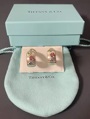 Original 2001 Tiffany 925 & 18K Etoile Gemstones Hoop Earrings Pouch & Box • $1525