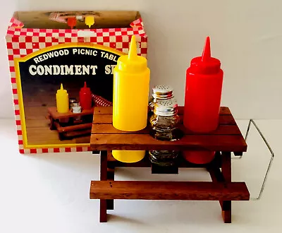 VTG Redwood Picnic Table Condiment Set Salt & Pepper Ketchup Mustard China/Kmart • $9.75