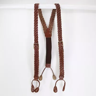 Leather Braided Suspenders Mens 42 In Brown Y Back Moustache Button Ears Stretch • $16.46