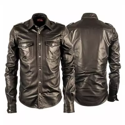 Men Brown Leather Padded Full Sleeve Shirt Genuine Lambskin Leather Jacket • $109.69