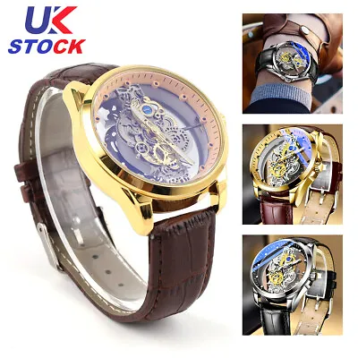 £14.99 • Buy Luxury Transparent Automatic Mechanical Leather Watch Skeleton Tourbillon Steel