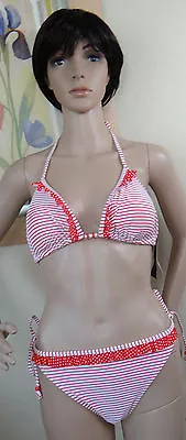 MARIE MEILI White W Red Stripe Ruffle Halter Swim Bikini Top & Tie Bottom LXL • £19.19