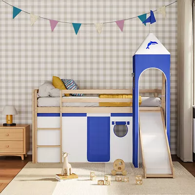 Kids Cabin Bed Wooden Bed Frame With Slide & Play Tent 3ft Single Mid Sleeper • £309.95