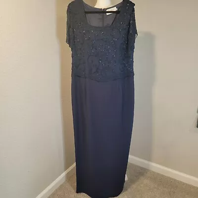 Montage By Mon Cheri Women Navy Blue Beaded Long Formal Ball Gown Size 20 • $160