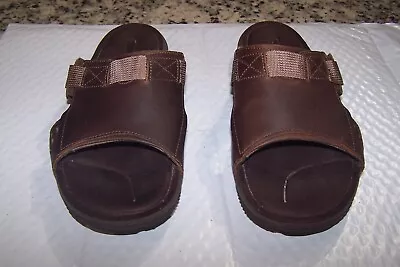 MERRELL-Mens Sandals Dark Earth Slide Slip On Flats J91525 Brown Leather Size 9 • $21.95