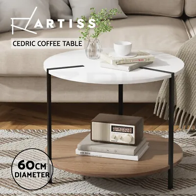 Artiss Coffee Table End Side Table Round 60CM White Wooden Black Metal Legs • $62.95