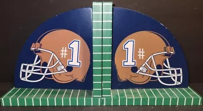 Bookend Set Football Helmets Berriwinkle Wooden Painted 7  X 7  Each Brown Blue  • $20