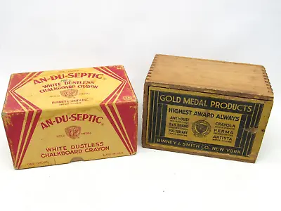 2 Vintage Binney & Smith An-Du-Septic White Dustless Chalk Wood Box EMPTY • $29.99