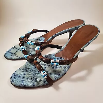 GIUSEPPE ZANOTTI VICINI Blue Denim Beaded Sandal Kitten Heel.  Sz 38 M. Italy • $64.99