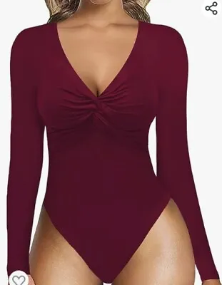 NWT MangoPop Women’s Body Suit Top Maroon Twist Wrap V-Neck XXL #400 • $13.99