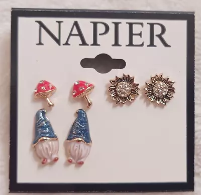 NWT Napier 3-Pair Gold Tone Gnomes Sunflowers Mushrooms Pierced Earrings Set • $18.97