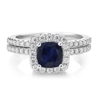 Blue Sapphire Cushion 6.00mm Ring Set | Sterling Silver 925 With Rhodium Plated • $34.45