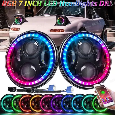 For 1990-1997 Mazda Miata Projector 7  Inch Round LED Headlight RGB Angel Eye H4 • $82.99