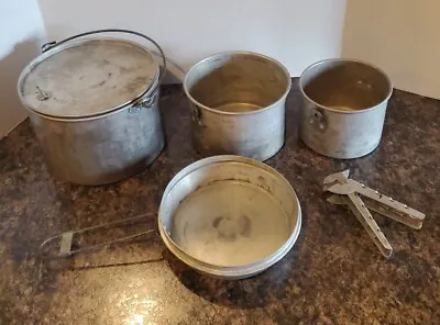$35 • Buy Vintage Campers Outdoor Aluminum Pots Handles Pans Cooking Mess Kit