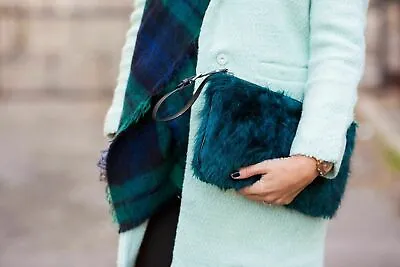 $34.19 • Buy Zara Wristlet Clutch Faux Fur Blue Black Leather Trim Top Zip Small Womens NWT