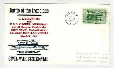 1962 CIVIL WAR 100th FANCY CACHET VIRGINIA BATTLE OF THE IRONCLADS USS MONITOR • $3.99