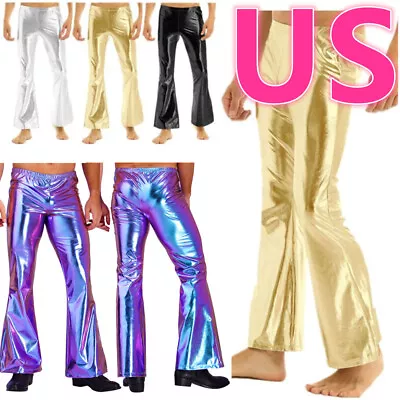 US Men's Retro Bell Bottom Pants Shiny Metallic Leather Flared Pants Trousers • $6.15