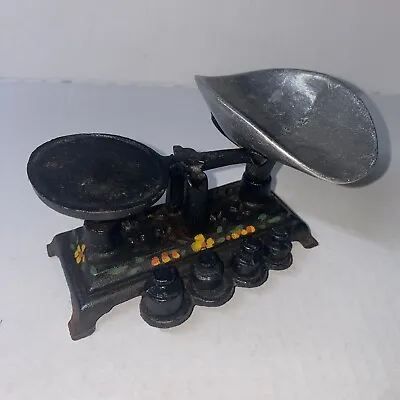 Vintage Hand Painted Antique Cast Iron 5in X 3in Balance Scale With Weights • $100