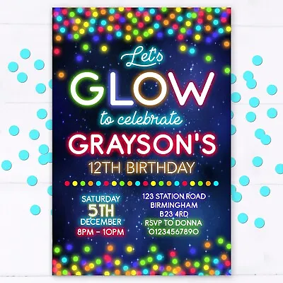 Personalised Glow Party Invitations Birthday Invites Neon Disco Dance Party • £5.95