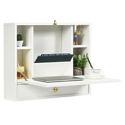 Wall Mounted Folding Laptop Desk Hideaway Organizer Storage Space Saver White • $89.98